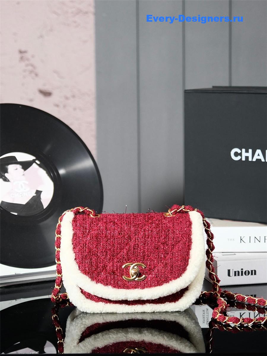 Ch**el tweed shearling shoulder bag burgundy