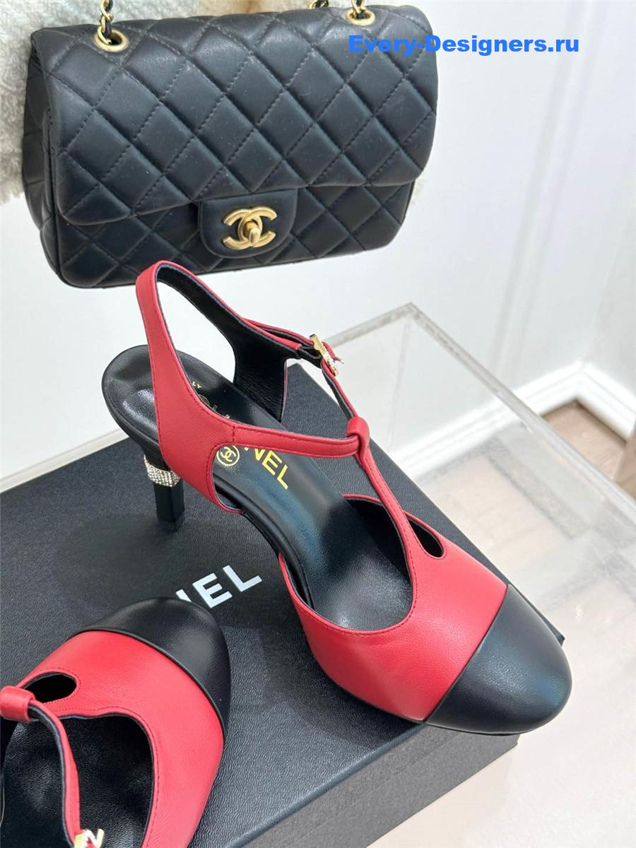 Ch**el t-strap lambskin high heel sandals red