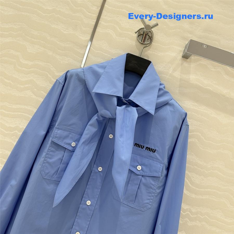 Miu Miu Embroidered Logo Scarf Tie Shirt Blue