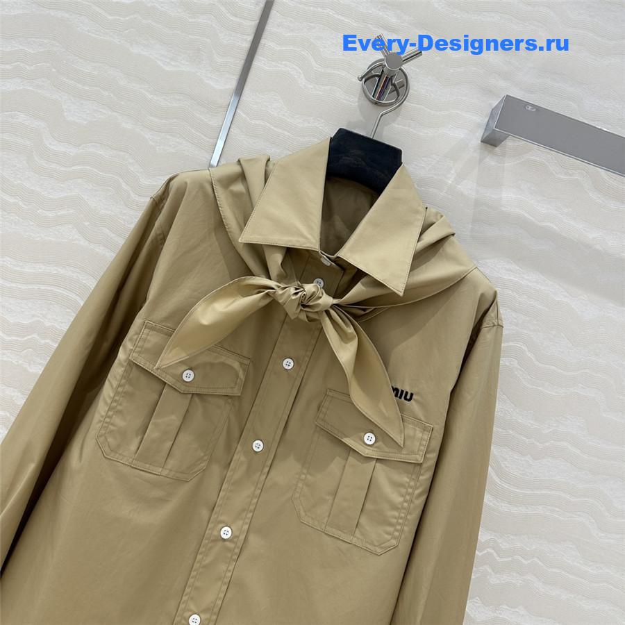 Miu Miu Embroidered Logo Scarf Tie Shirt Beige