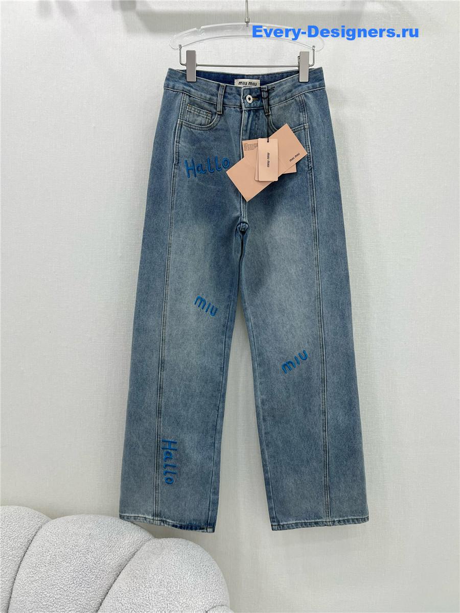Miu Miu Blue Embroidered Logo Straight Jeans
