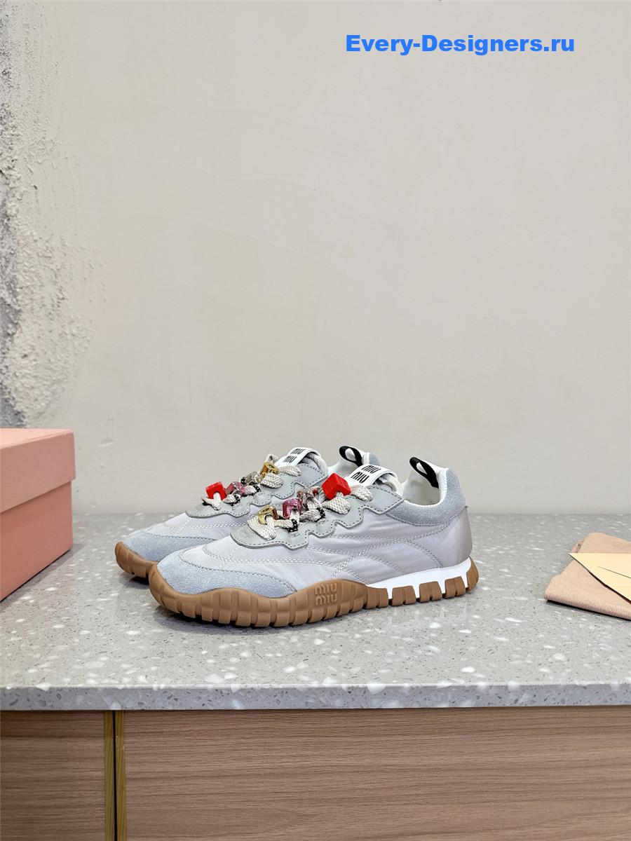 Miu Miu Ivory Tyre Technical Fabric Suede Sneakers