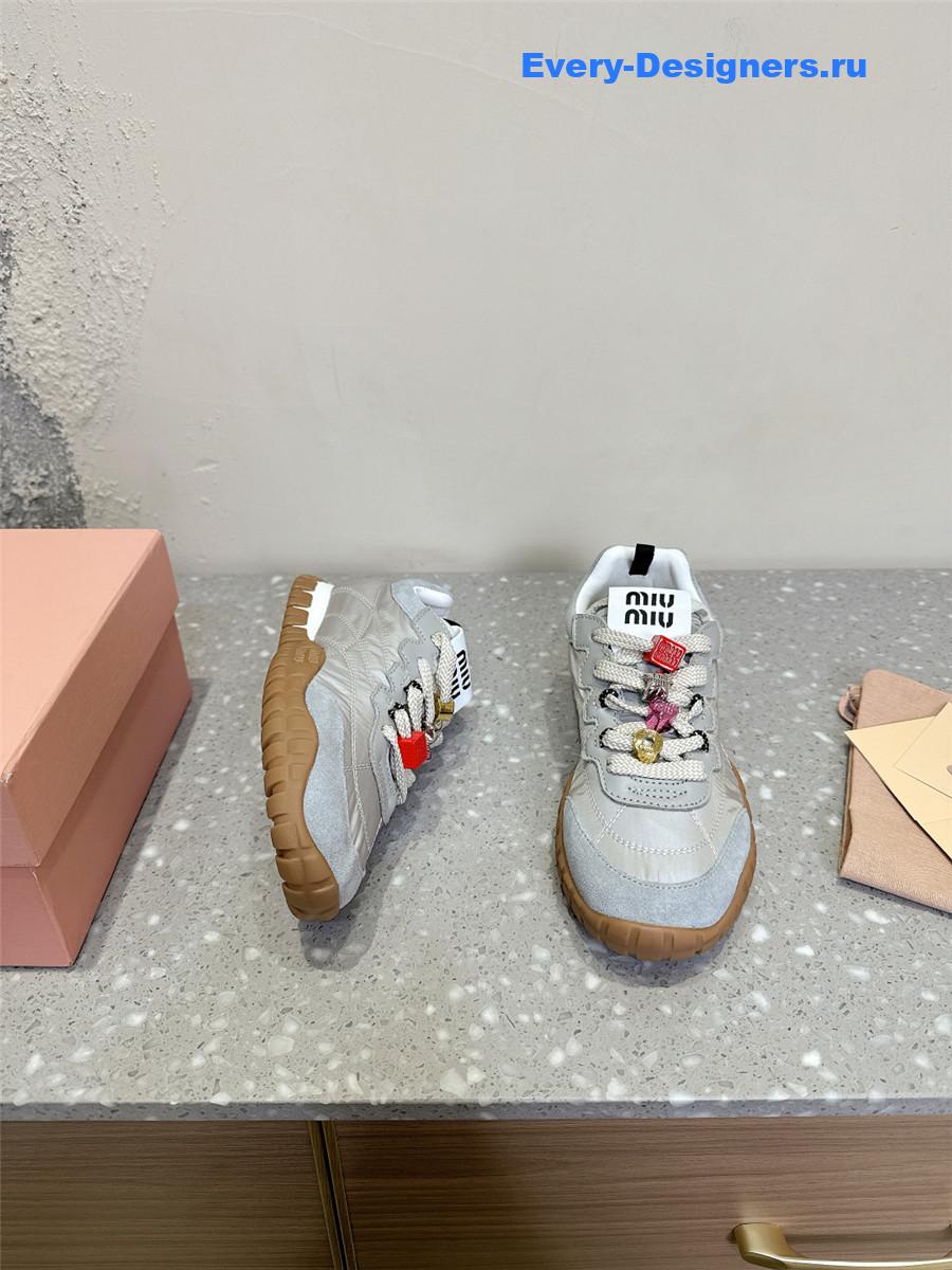 Miu Miu Ivory Tyre Technical Fabric Suede Sneakers