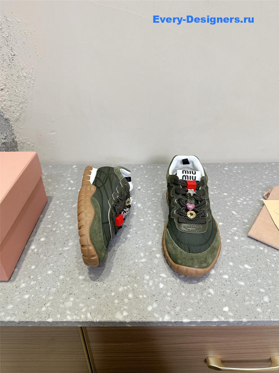 Miu Miu Ivory Tyre Technical Fabric Suede Sneakers Green