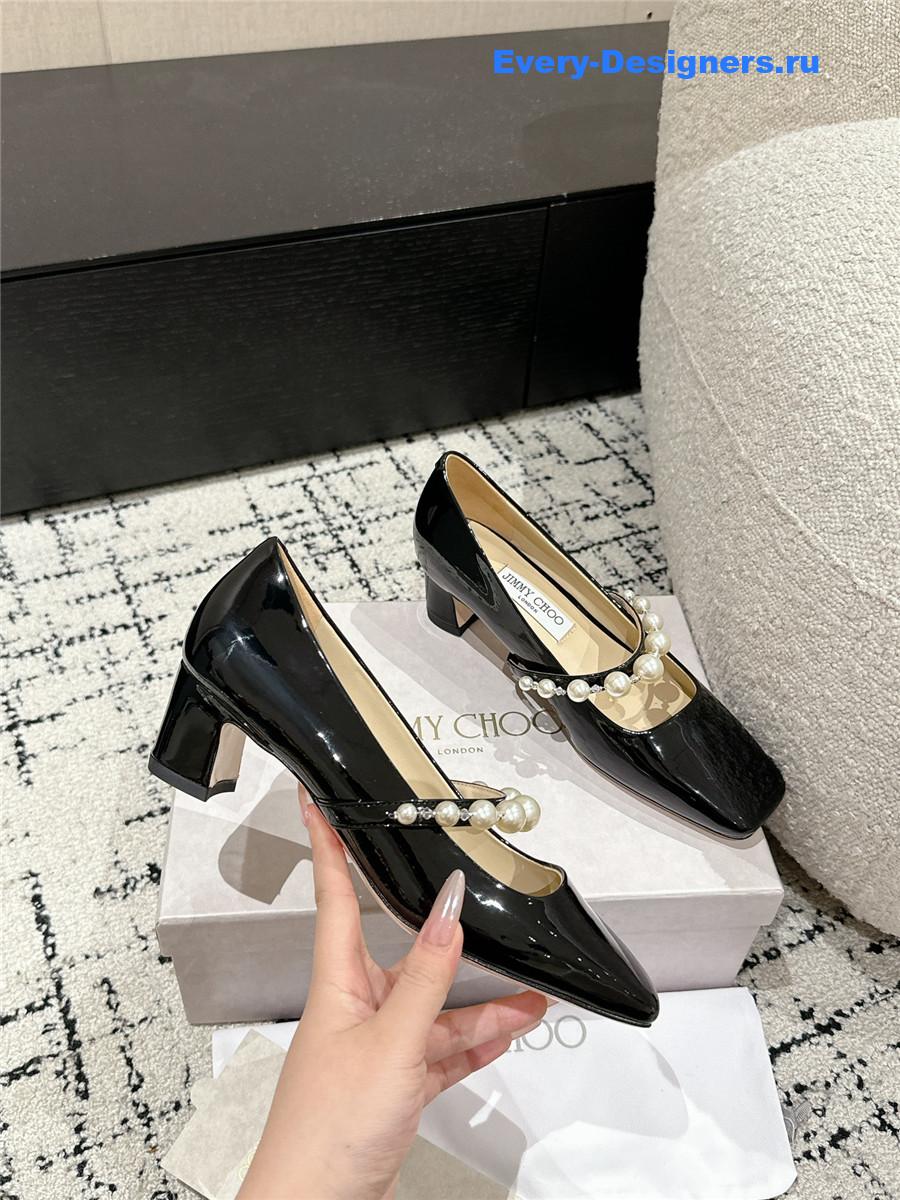 J1m*y Ch00 black patent leather bing pump flat