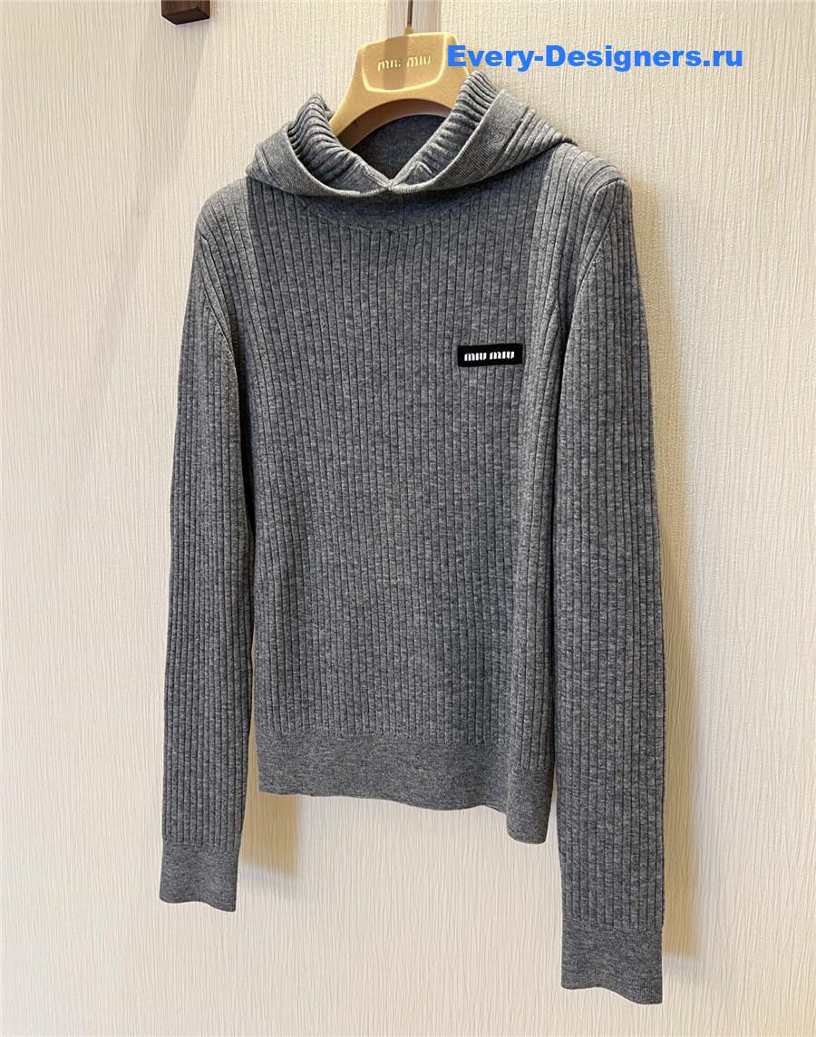 Miu Miu Logo Grey Tight Long Sleeve Hooded Sweater