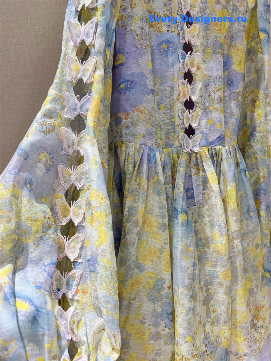 Zimm Flutter Butterfly Lace Long Sleeve Linen Dress