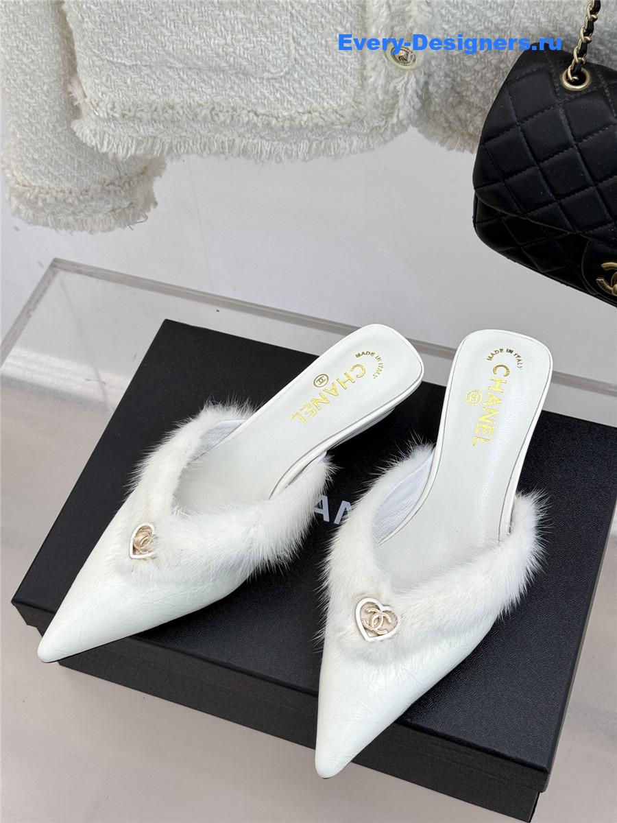Ch**el rabbit fur pointed toe mules white