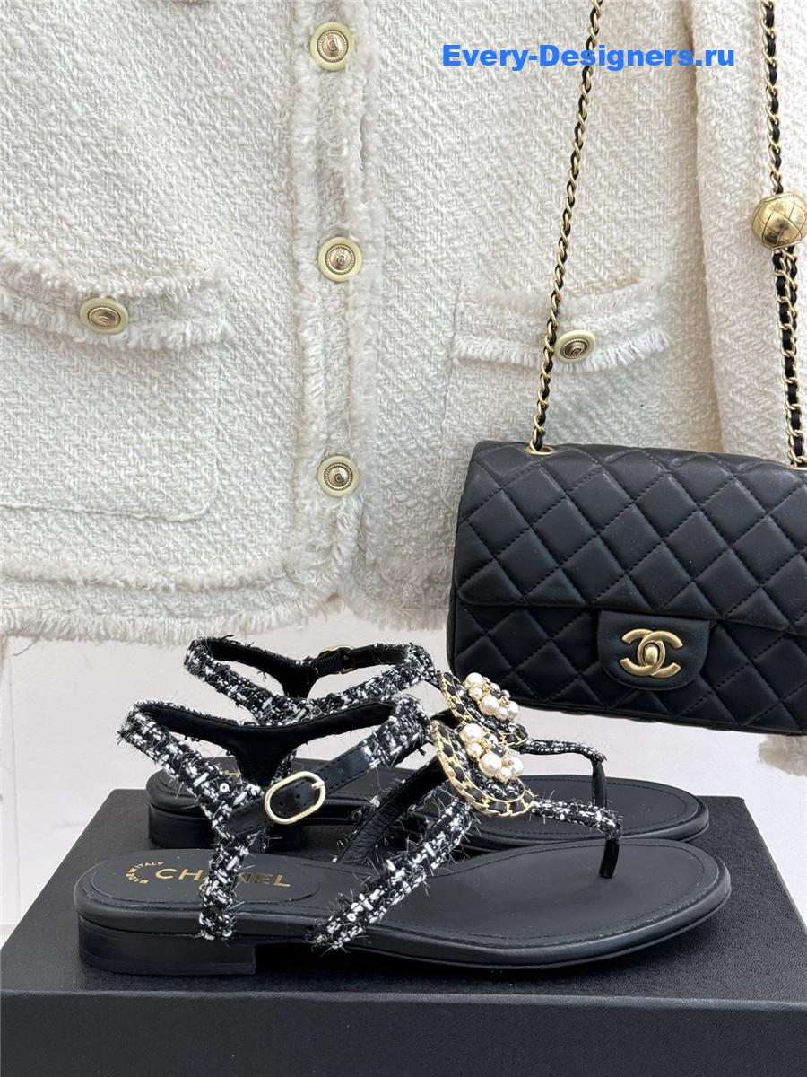 Ch**el camellia pearl tweed flip flops