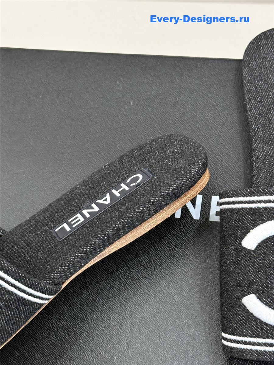 Ch**el black denim embroidery flat slippers