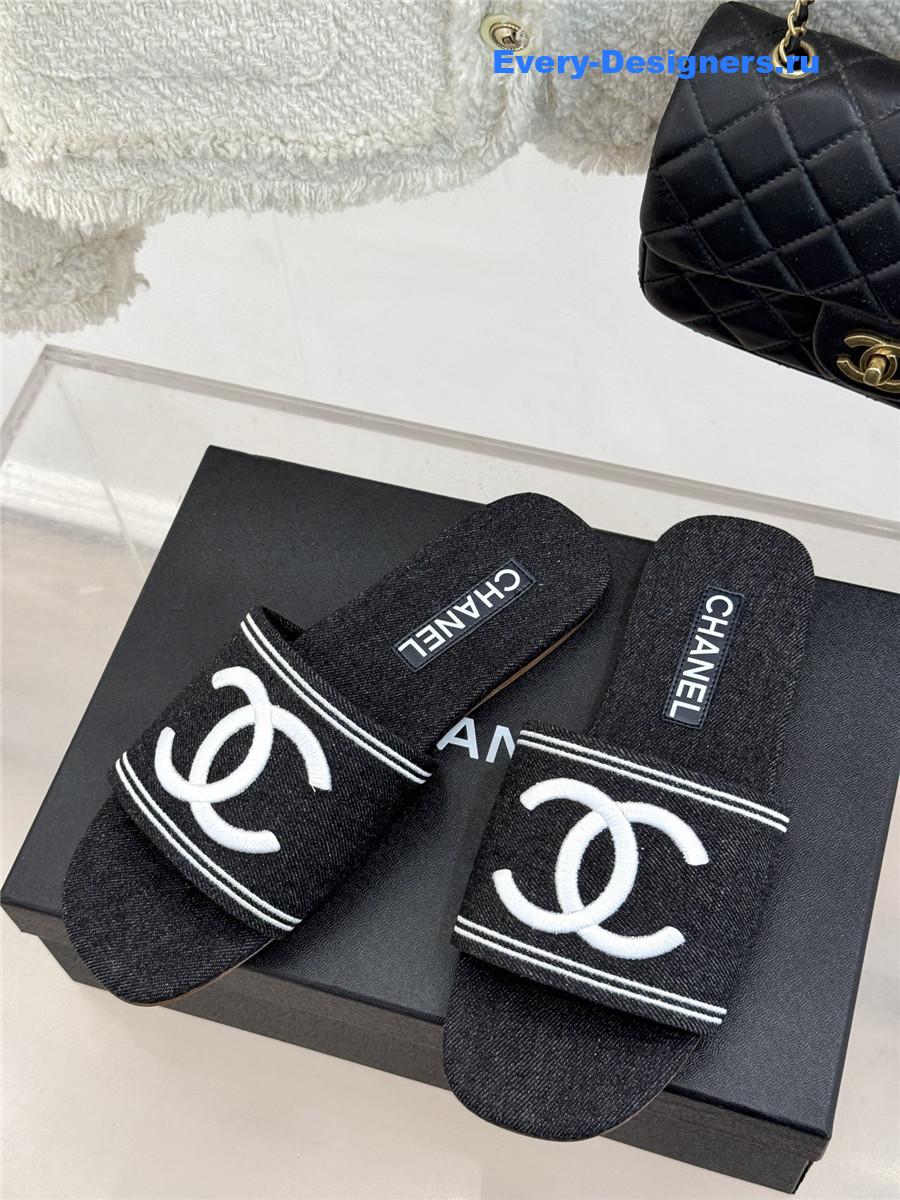 Ch**el black denim embroidery flat slippers