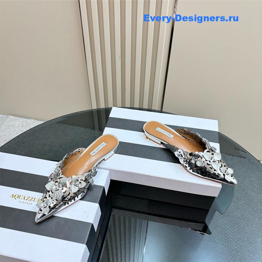 Aquazzura Silver Pointed Flat Mules