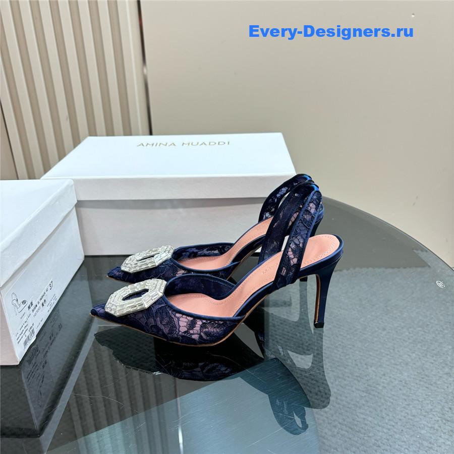 Amina Muaddi Camelia Blue Satin Pumps