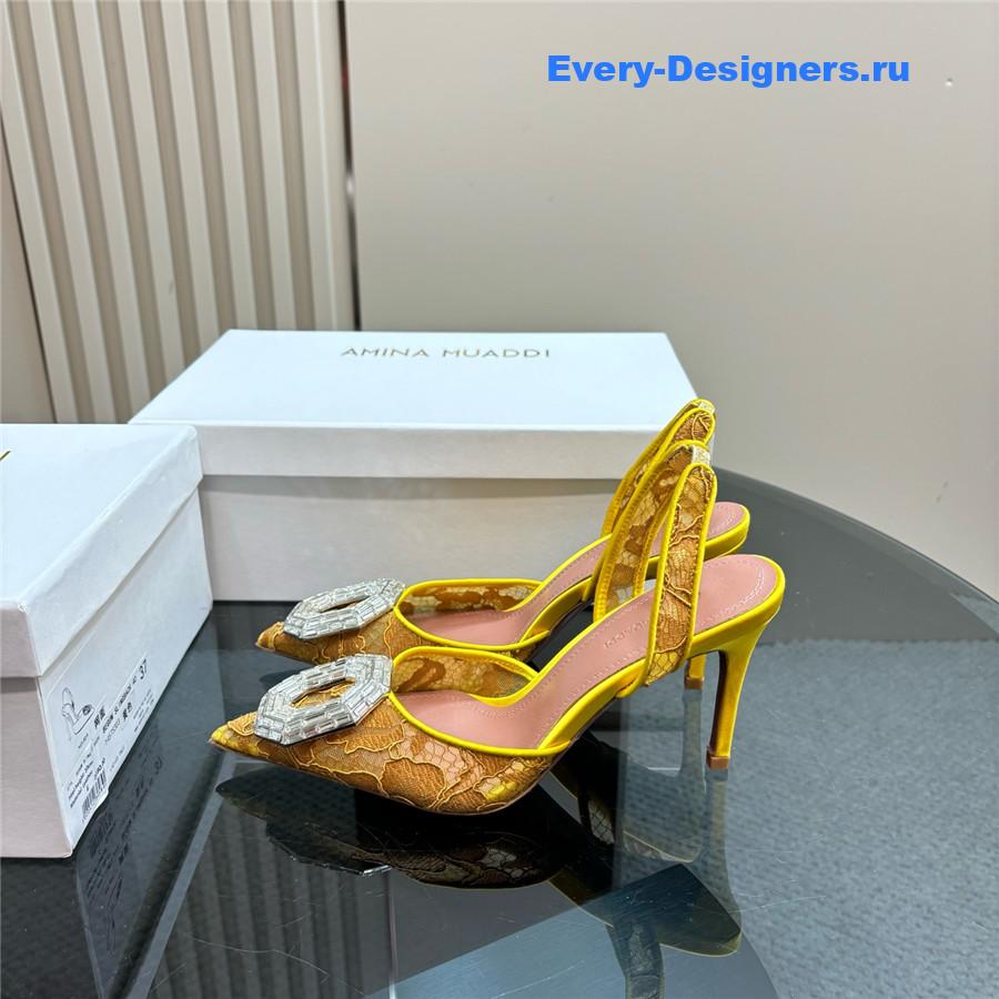 Amina Muaddi Camelia Yellow Satin Pumps