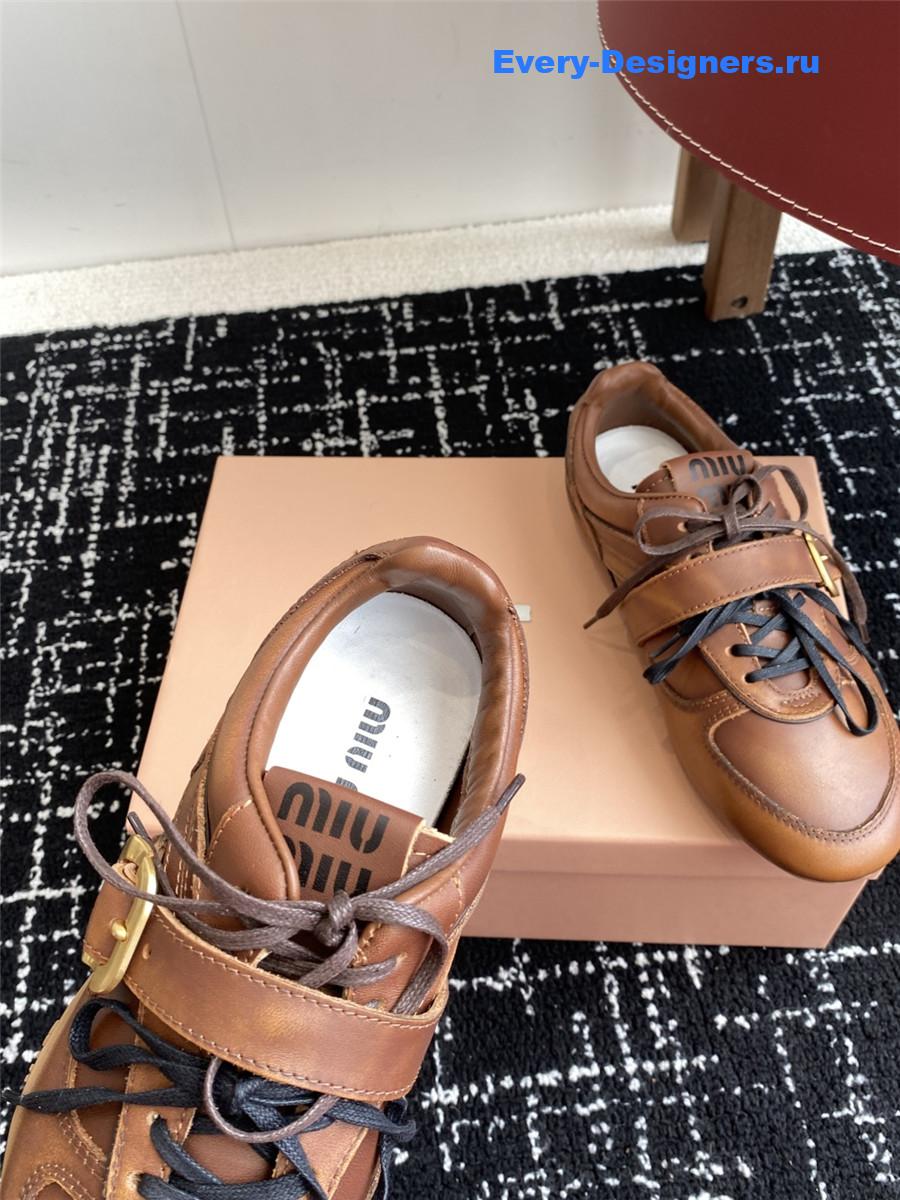 Miu Miu Brown Leather Buckle Detail Low-Top Sneakers