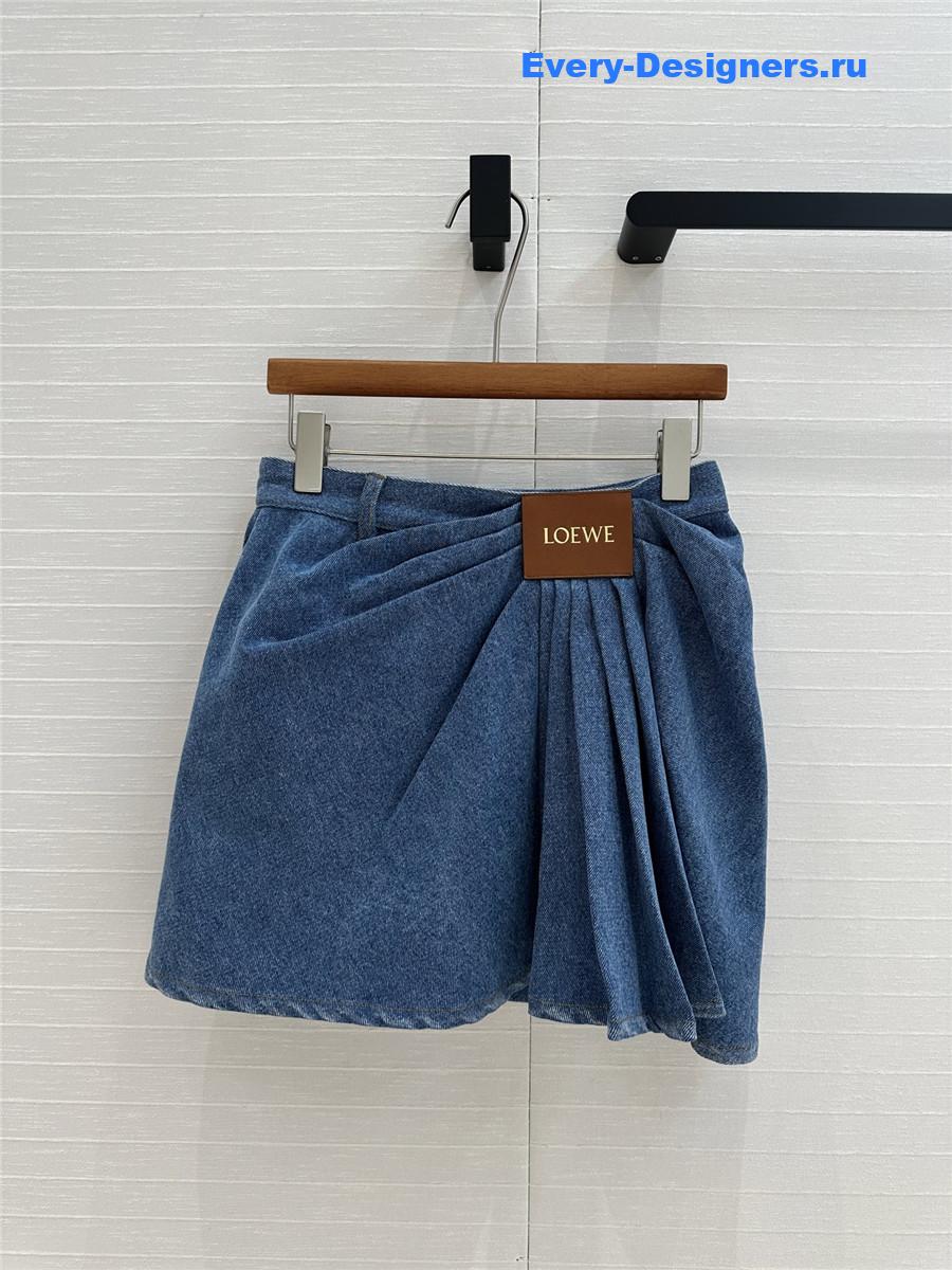 L0ew* leather-trimmed draped denim mini skirt
