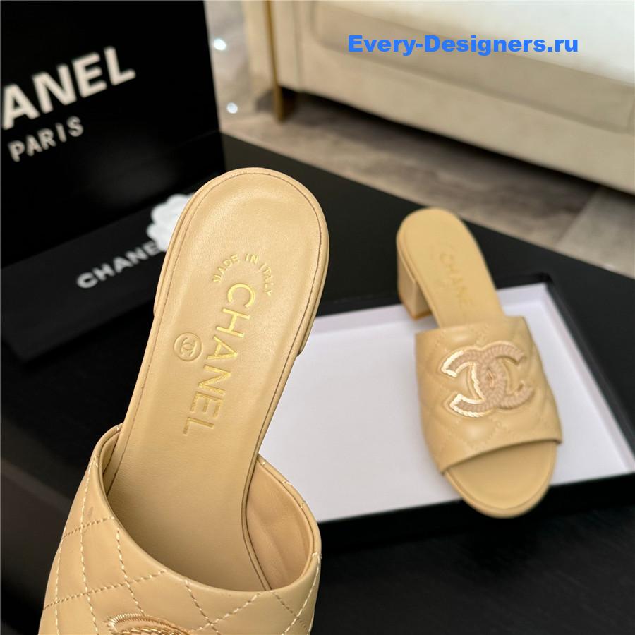 Ch**el cc beige sheepskin heel slippers