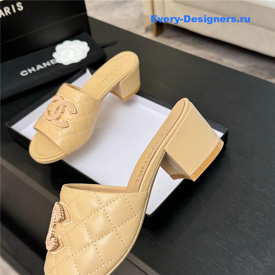 Ch**el cc beige sheepskin heel slippers