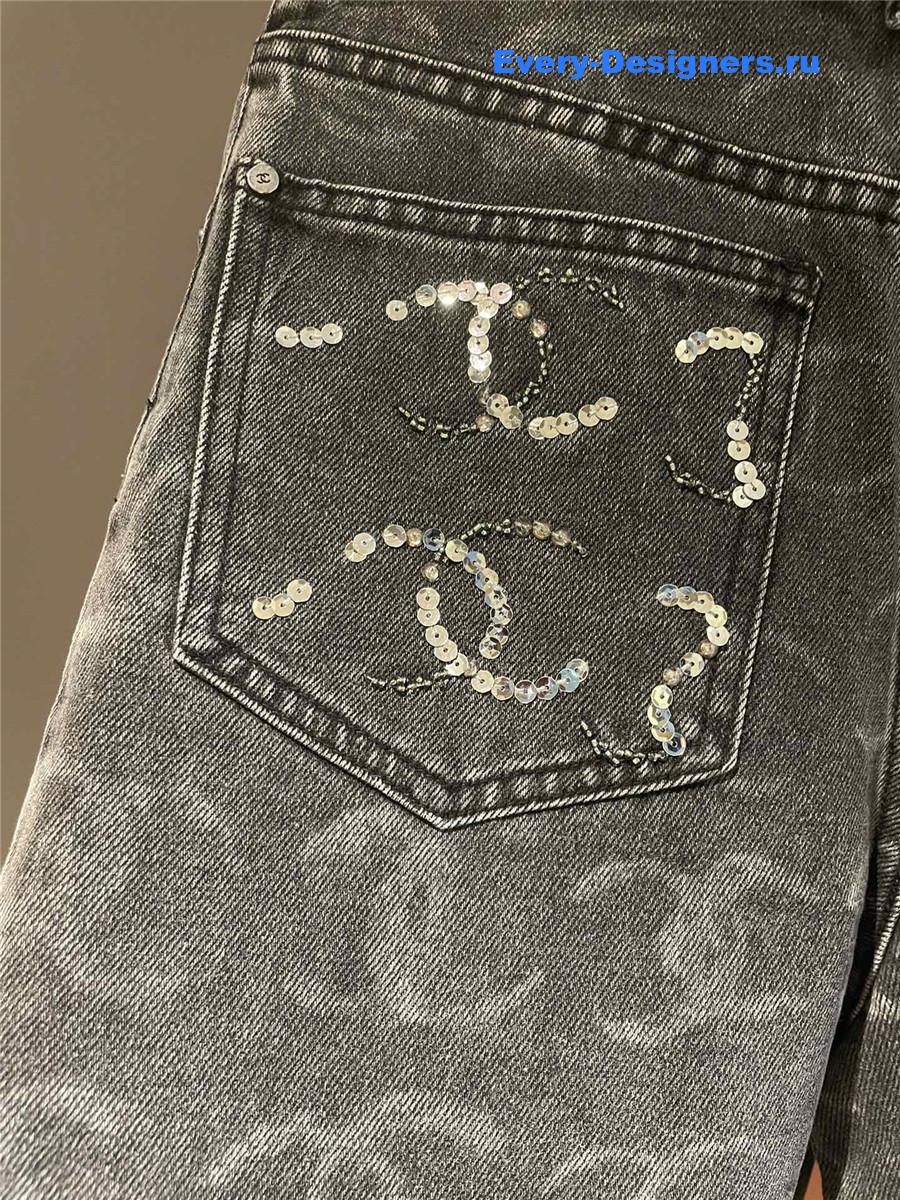 Ch**el grey logo sequin wide-leg jeans