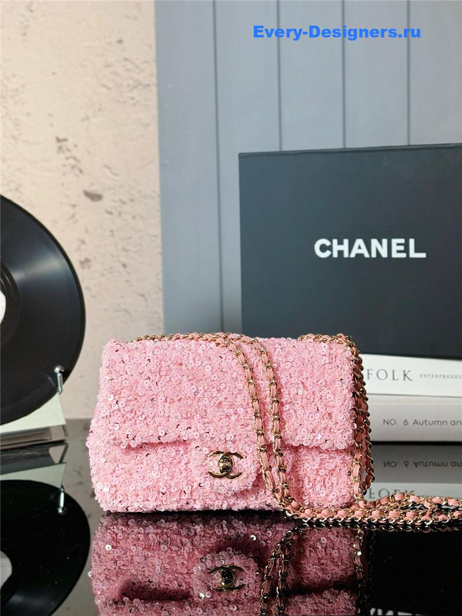 Ch**el tweed sequined cf bag pink
