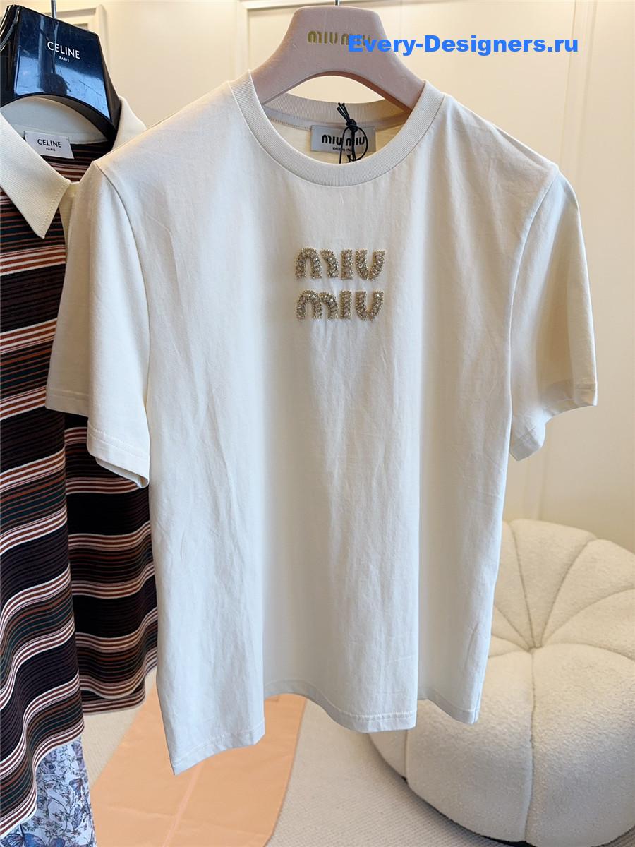 Miu Miu Logo-Embellished Crewneck T-Shirt in White