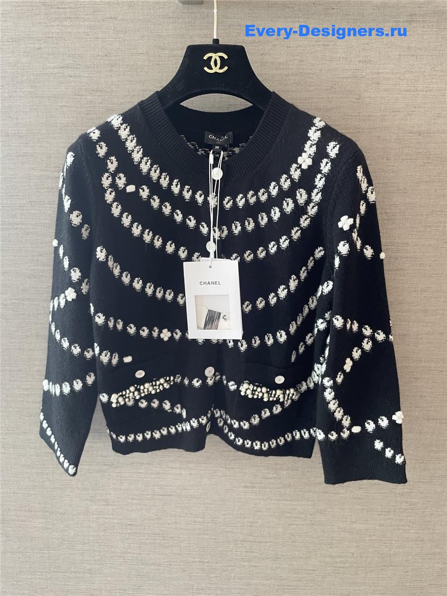 Ch**el black stripe pearl cardigan