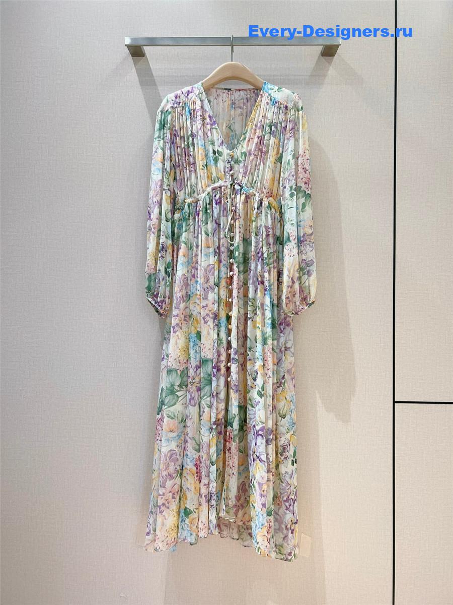 Zimm Floral Frill Sleeve Linen Dress