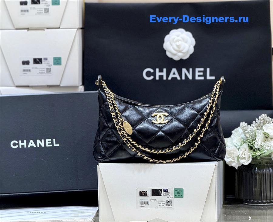 Ch**el black calfskin chain hobo
