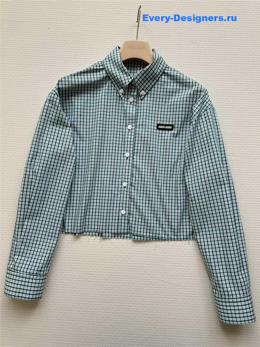 Miu Miu Light Green Check Cropped Shirt