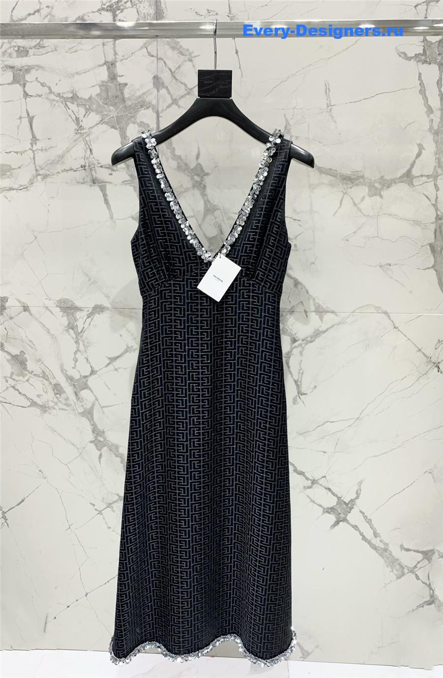 Balmain V-Neck Silk Beaded Dress