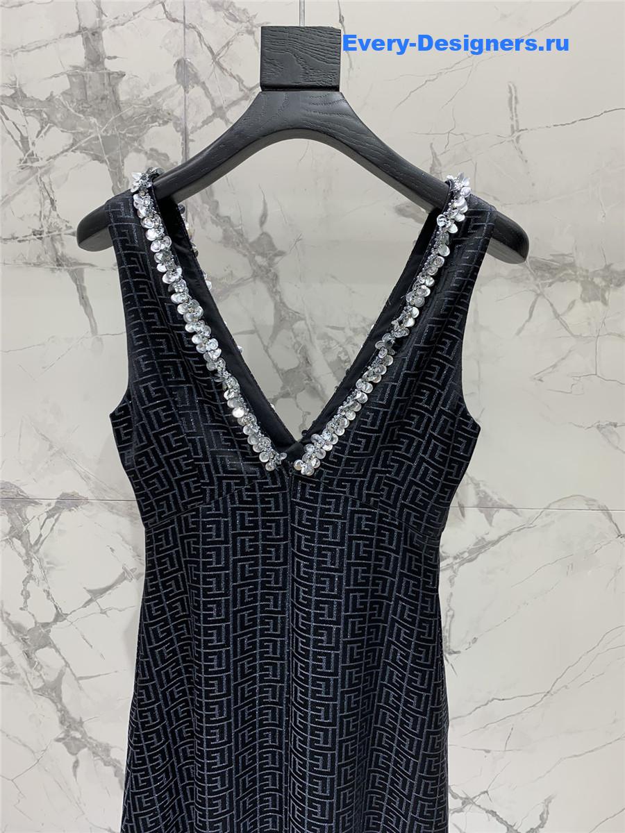 Balmain V-Neck Silk Beaded Dress