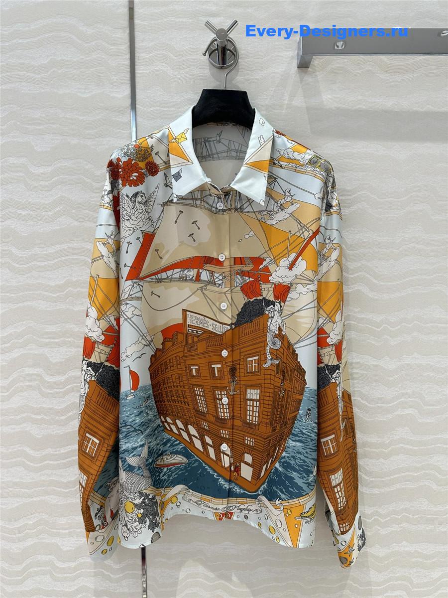 H**me5 orange scarf print silk shirt
