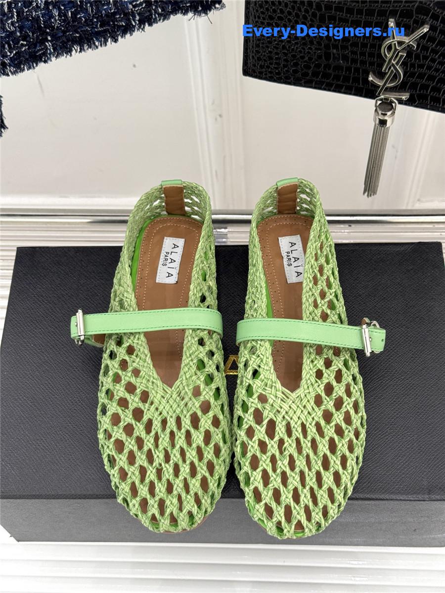 ALAÏA Green Woven Mesh Ballet Flats