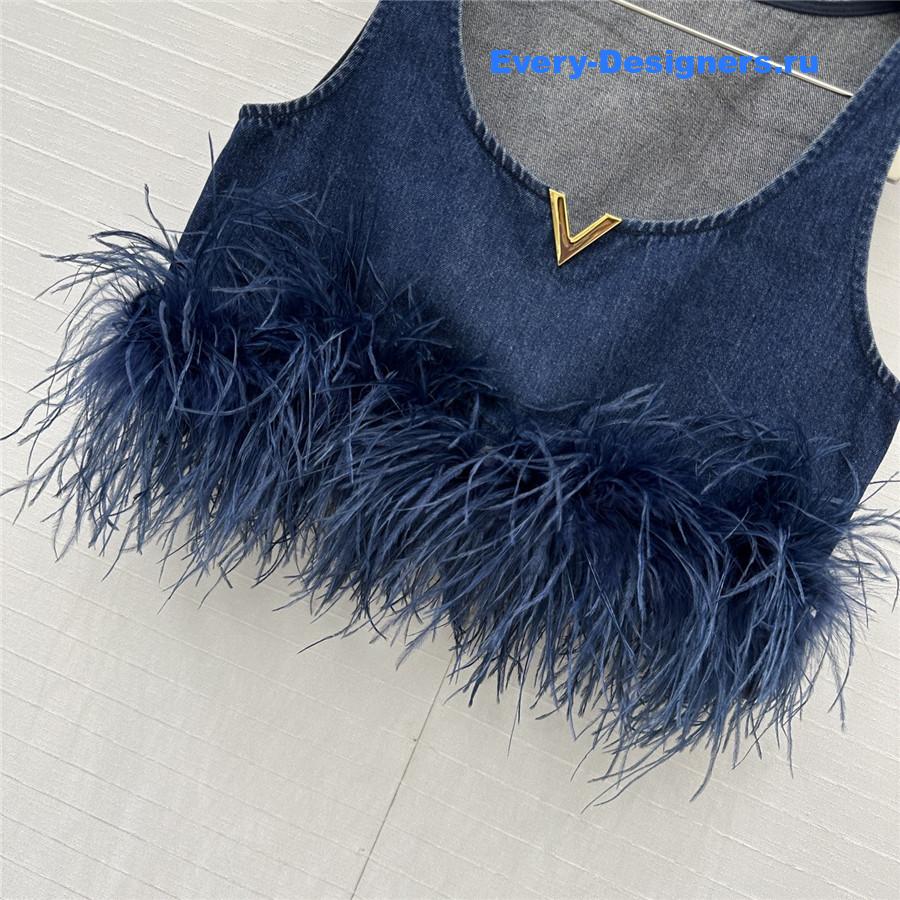 Va1e*ntin0 garavani feather-trim denim crop top