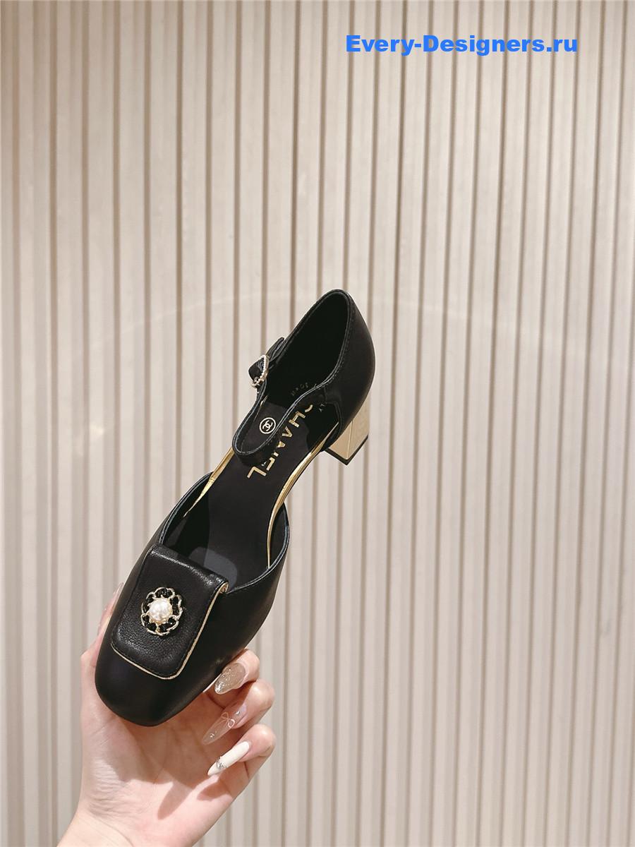 Ch**el black leather ankle strap pumps