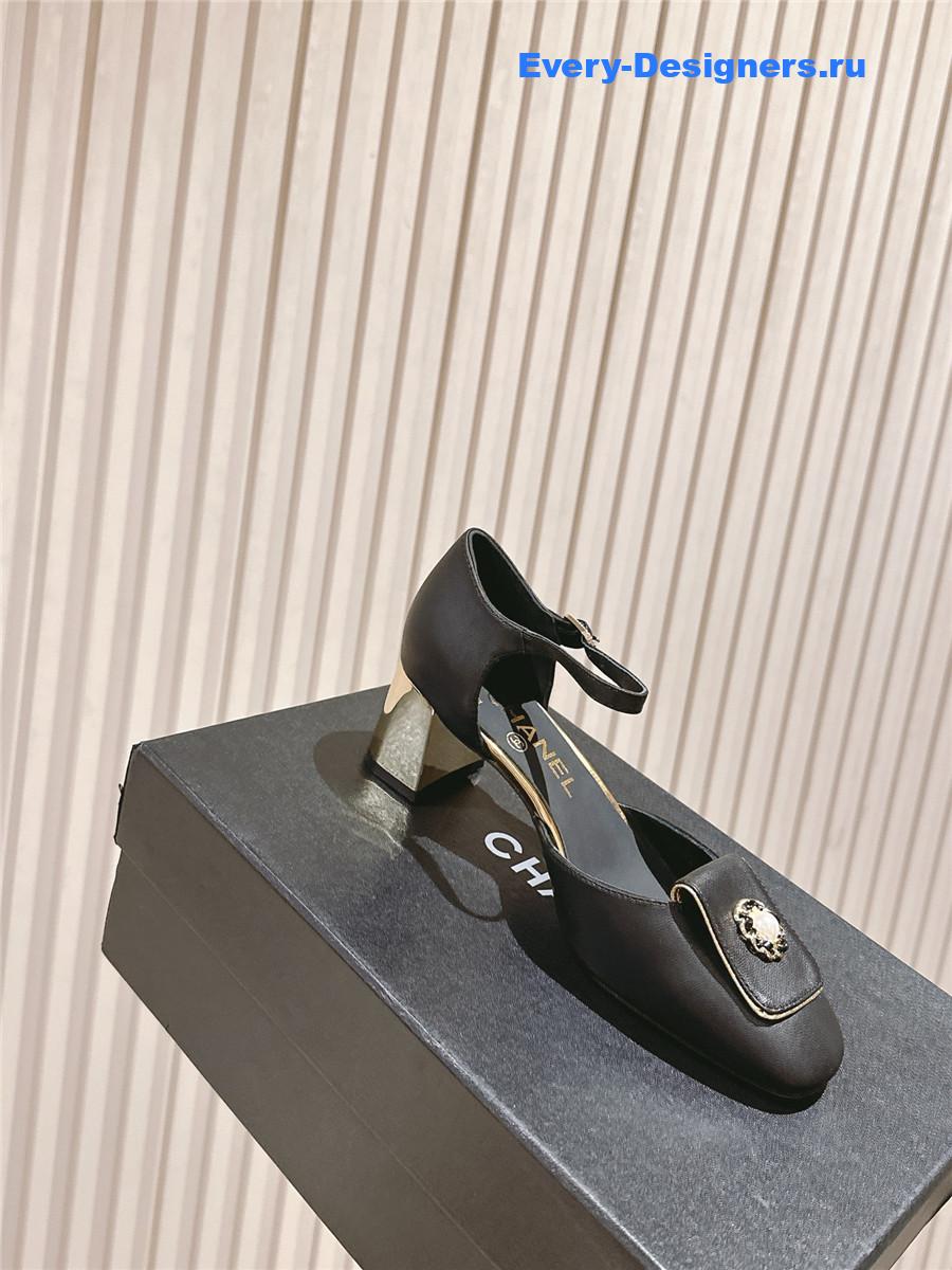 Ch**el black leather ankle strap pumps