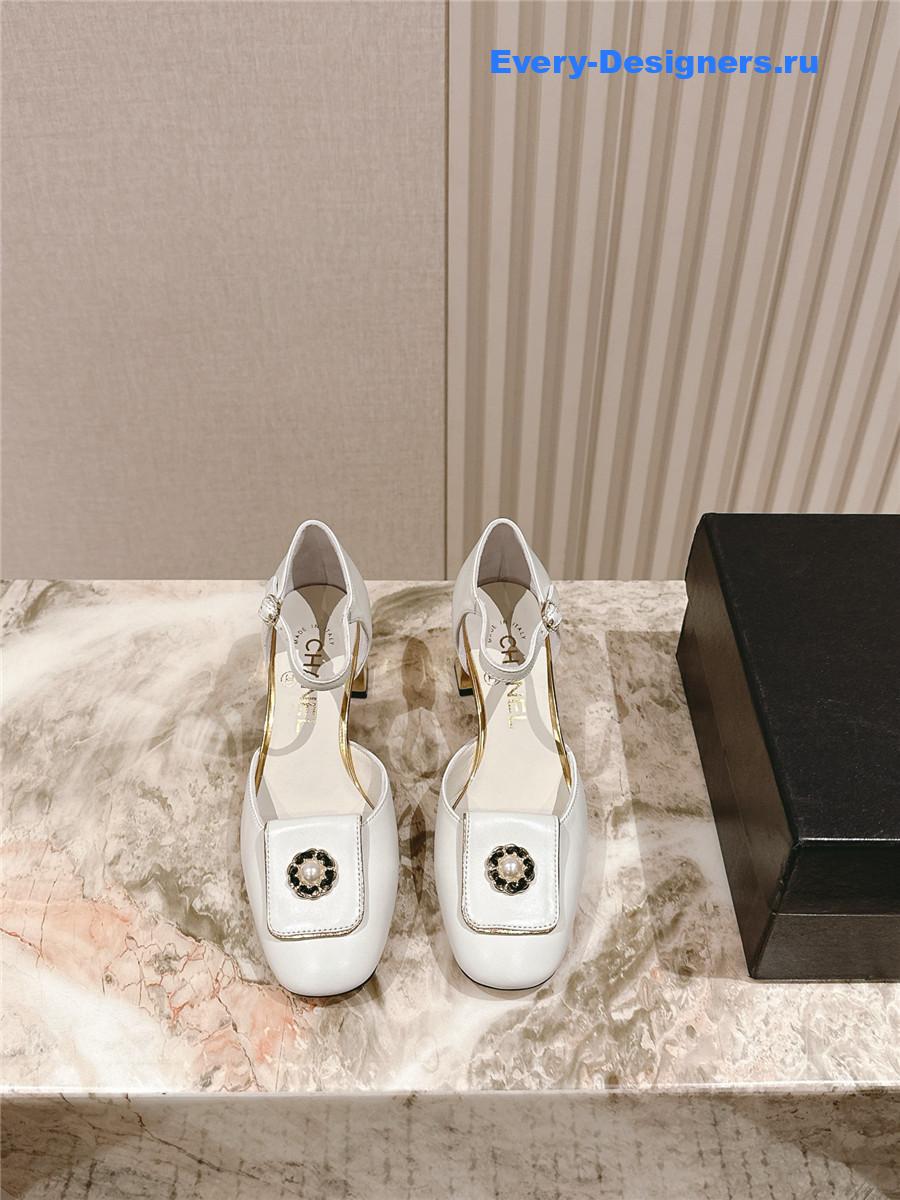Ch**el white leather ankle strap pumps