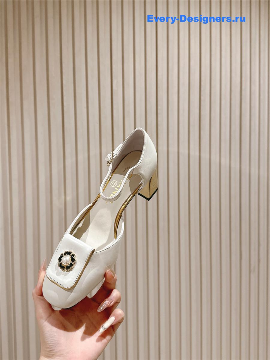 Ch**el white leather ankle strap pumps
