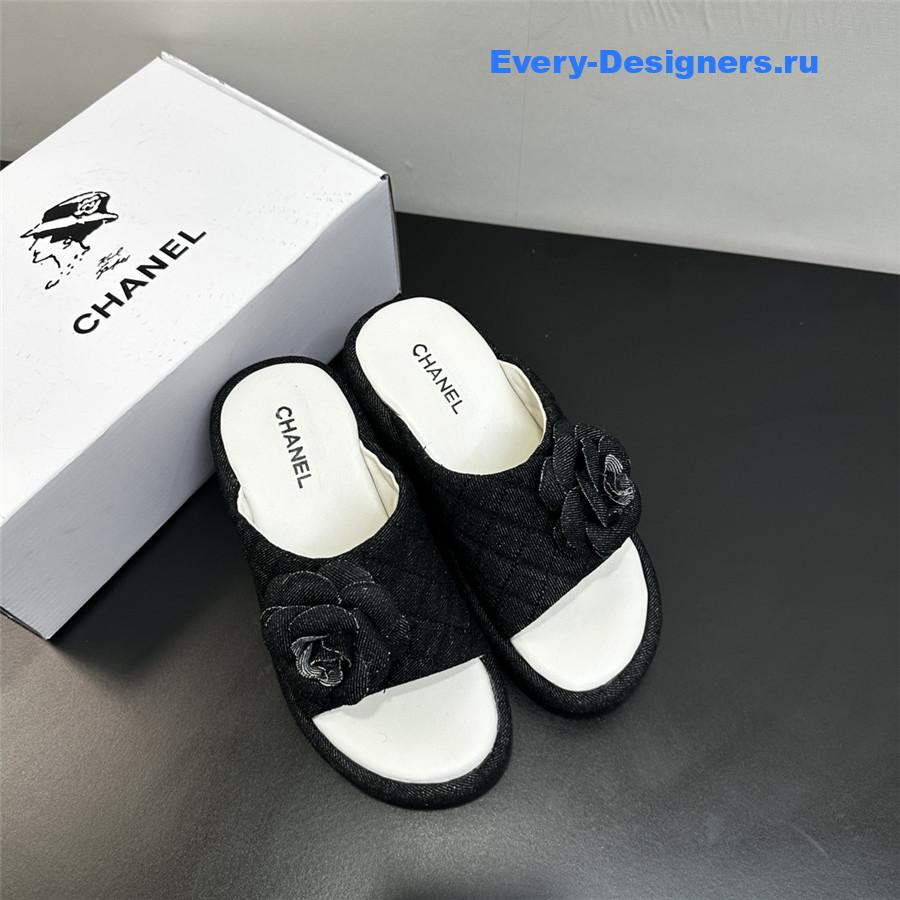 Ch**el black camellia wedge slippers