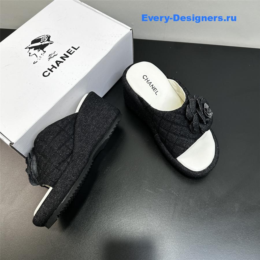 Ch**el black camellia wedge slippers