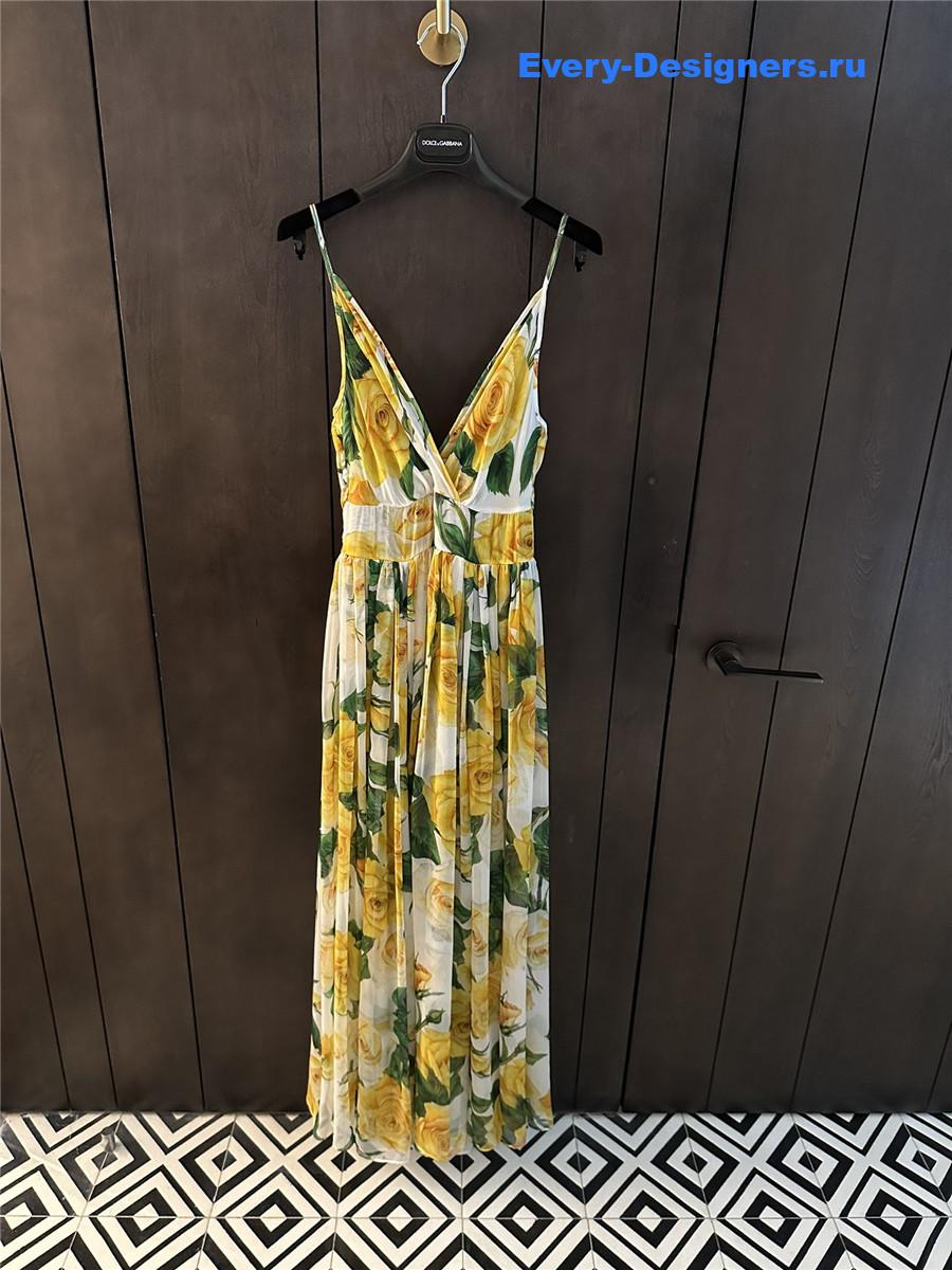 Dolce & Gabbana Yellow Rose-Print Silk Maxi Dress