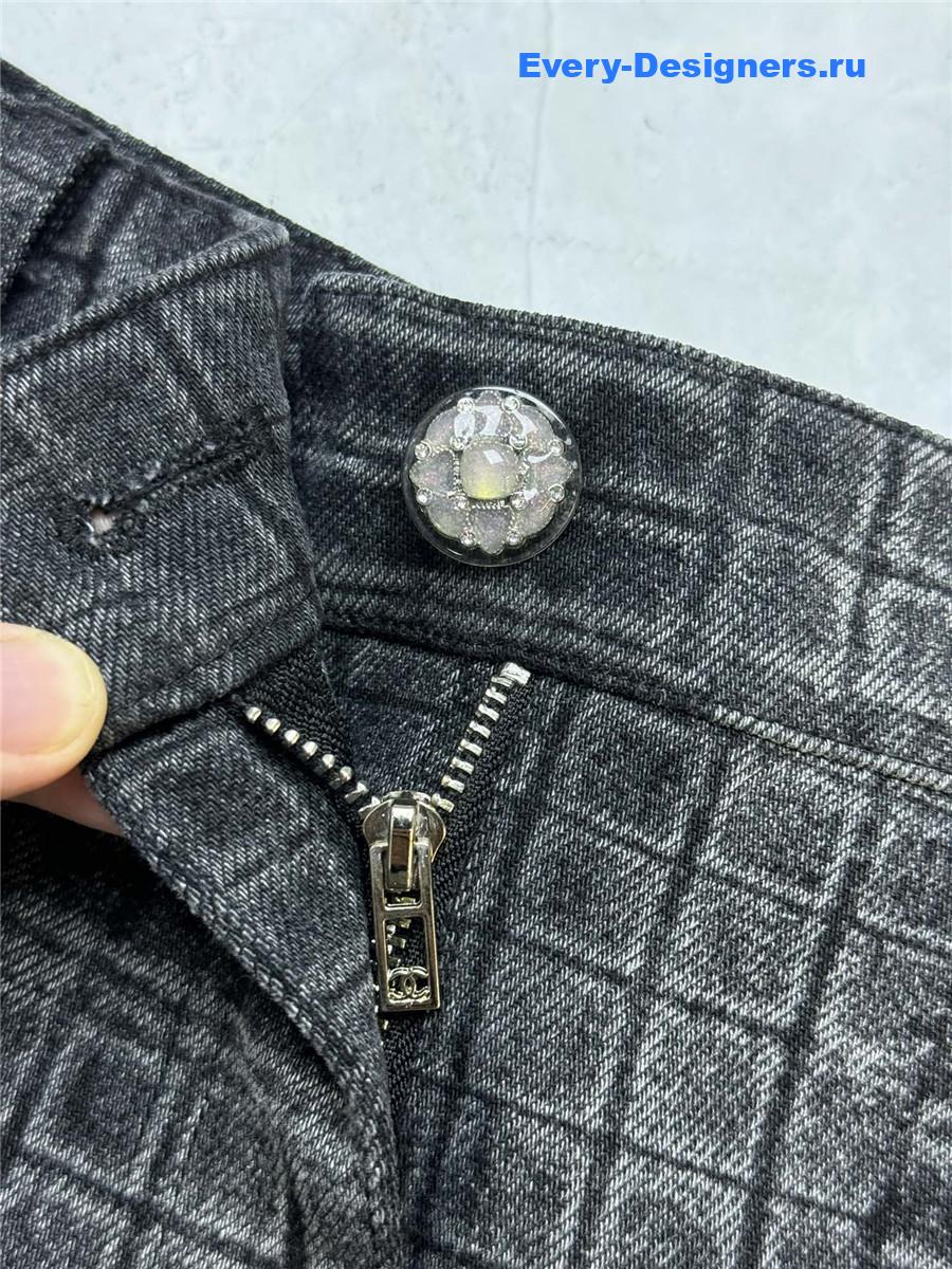 Ch**el grey woven check denim shorts