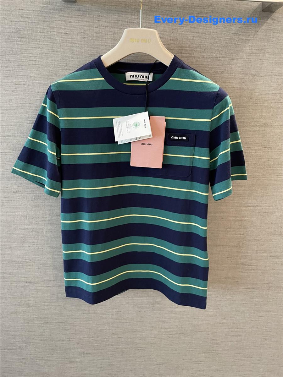 Miu Miu Green Striped Cotton T-Shirt