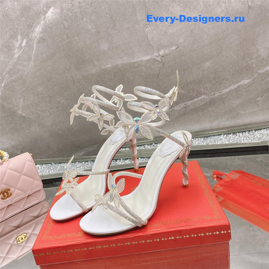 René Caovilla White Floral Rhinestone Sandals