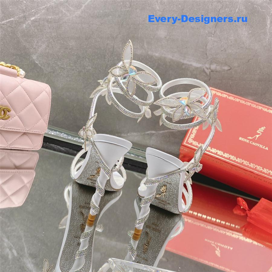René Caovilla White Floral Rhinestone Sandals