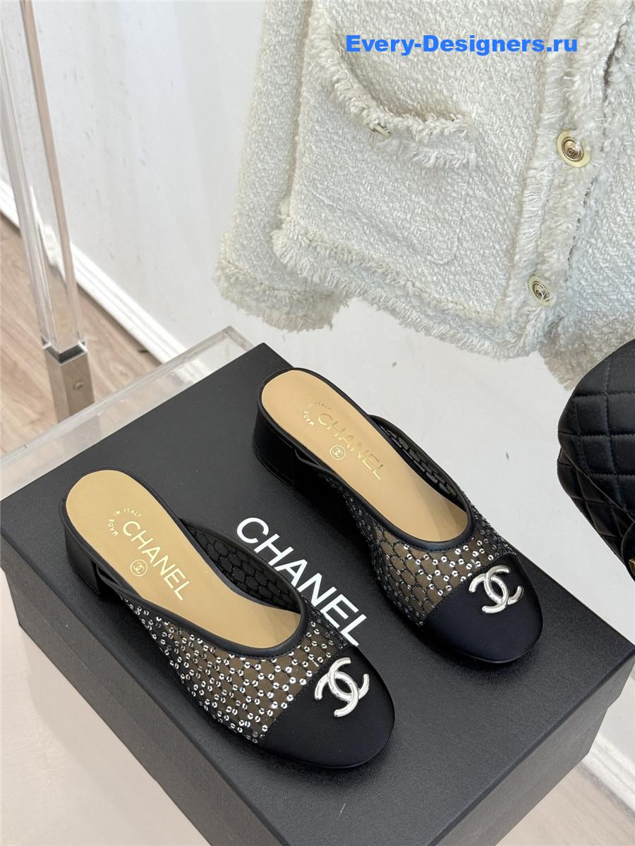Ch**el black rhinestone slippers