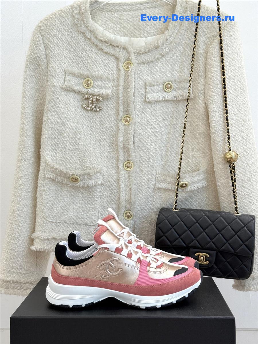 Ch**el laminated calfskin suede pink trainers