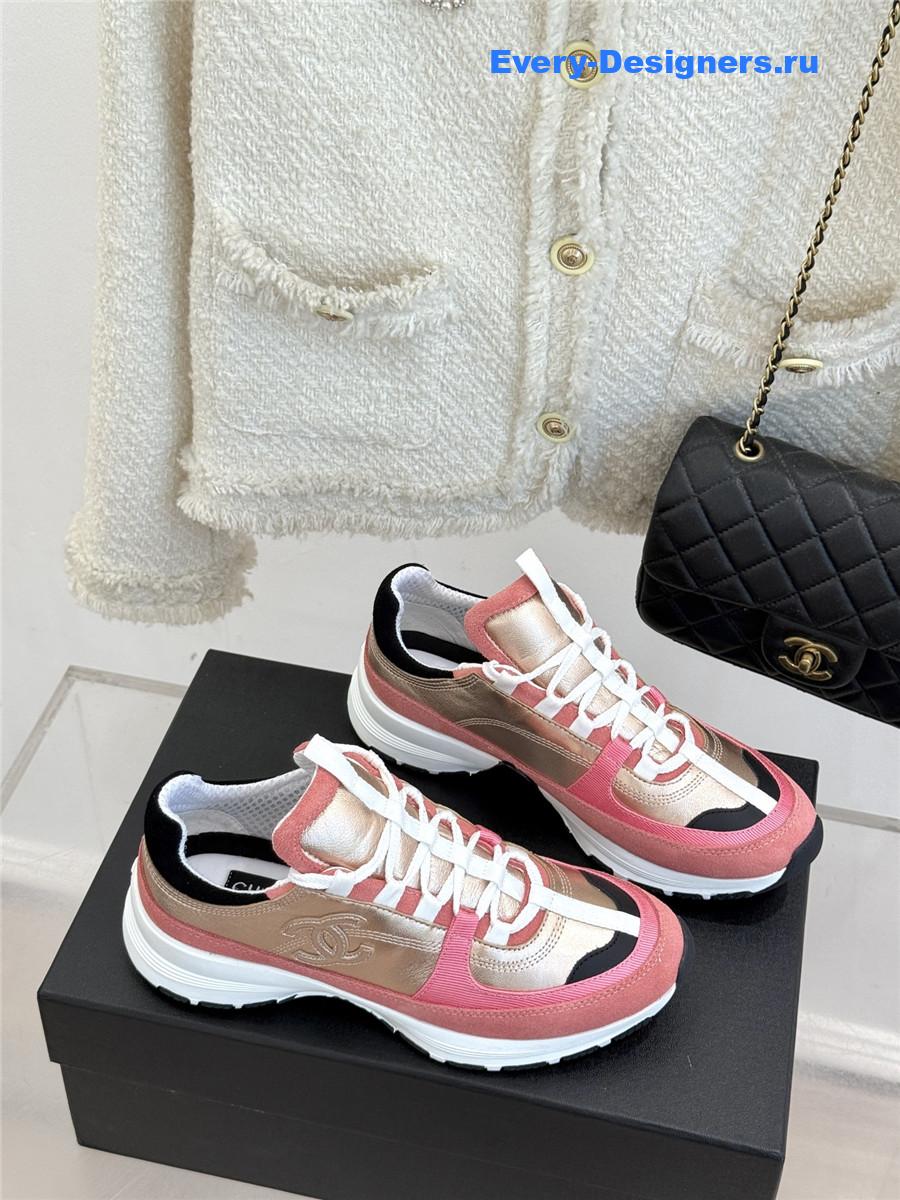 Ch**el laminated calfskin suede pink trainers