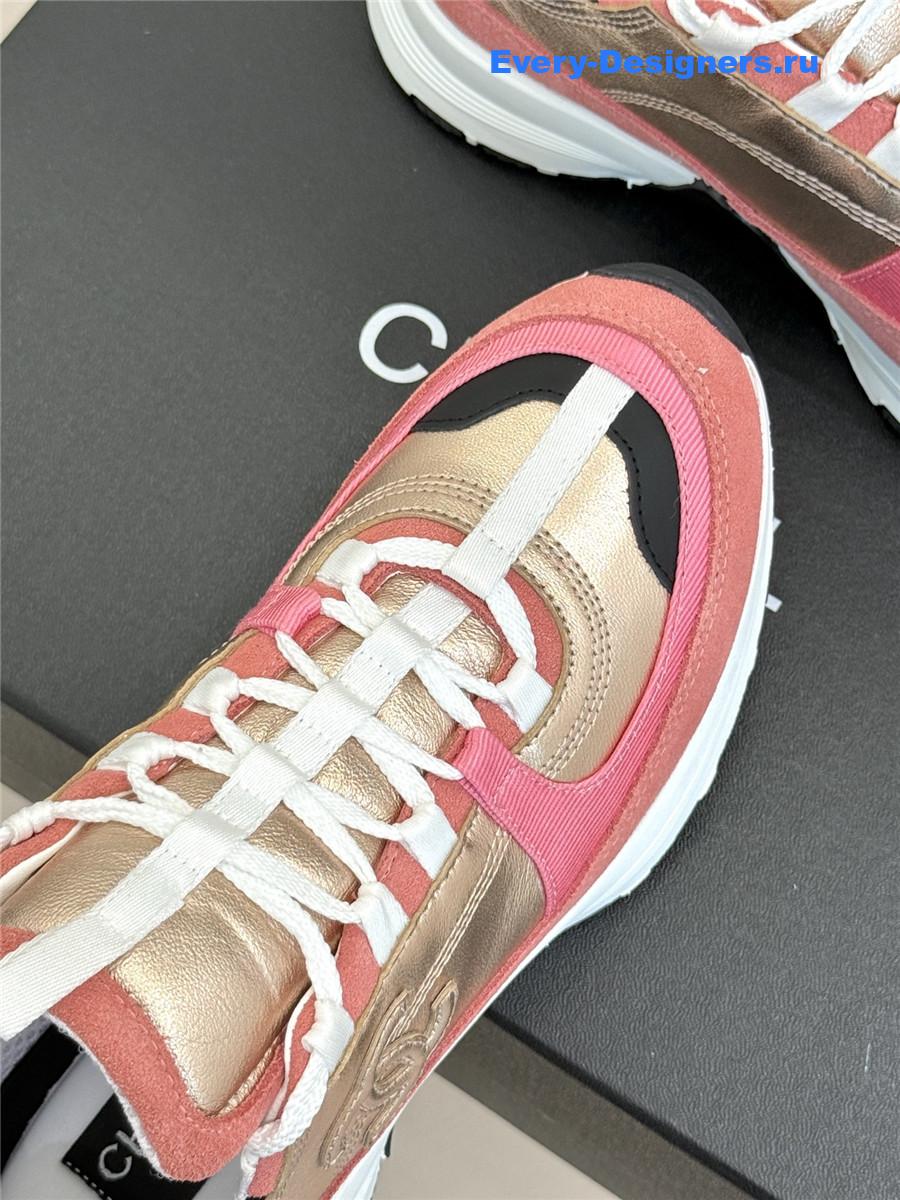 Ch**el laminated calfskin suede pink trainers