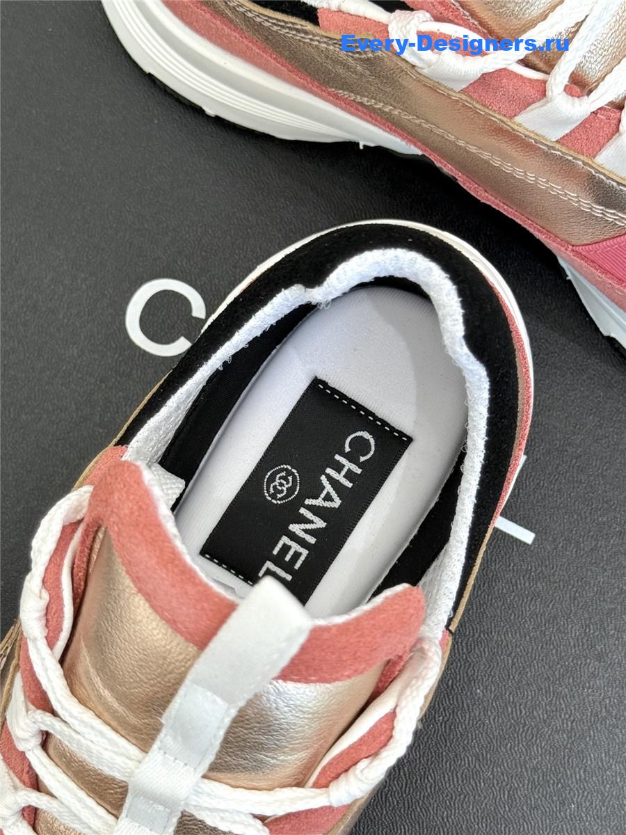 Ch**el laminated calfskin suede pink trainers